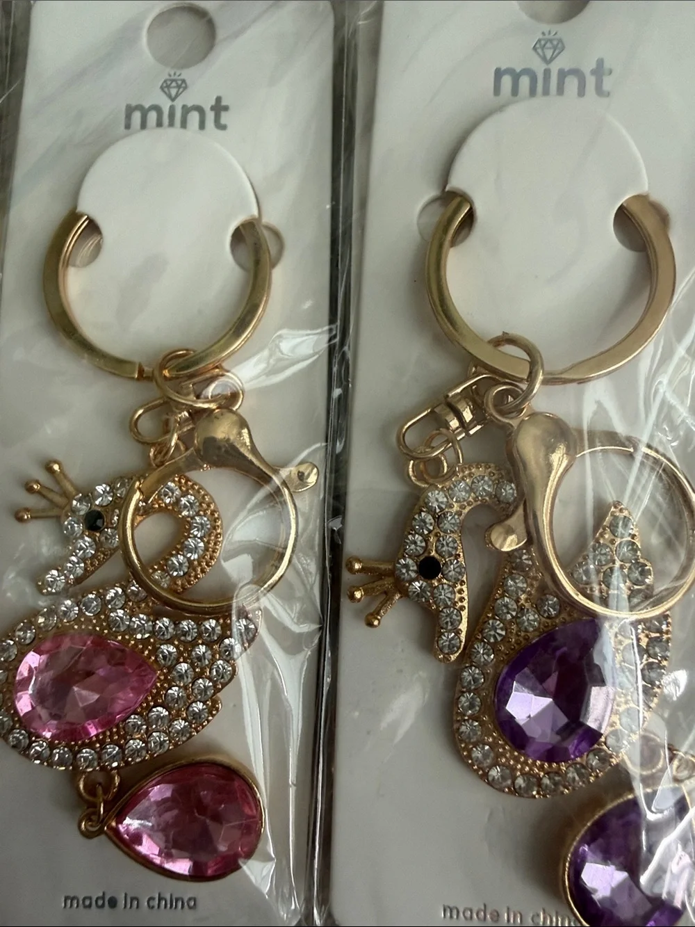 3 for $10 Mint Gold Swan Keychains with Crystals. NWT.